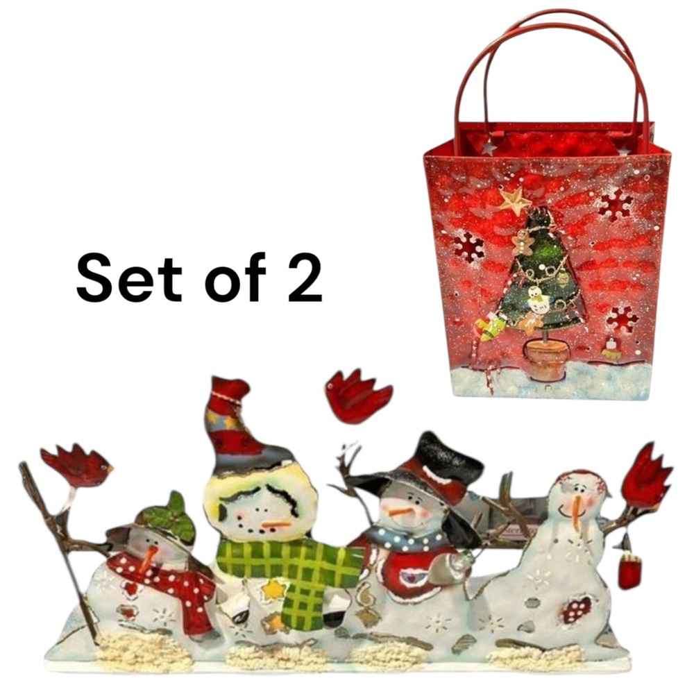 Set of 2 Metal Christmas Candle‎ Holder Decorations Bag  Snowmen Group